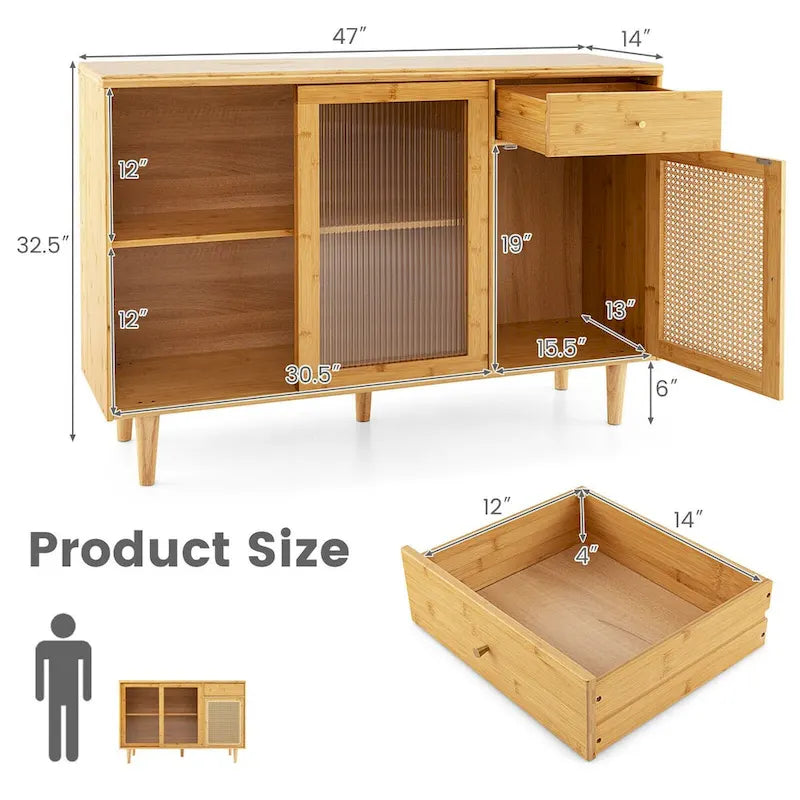 Modern Bamboo Buffet Sideboard Cabinet with Tempered Glass Sliding Doors-Natural - 47 x 14 x 32.5 (L x W x H)