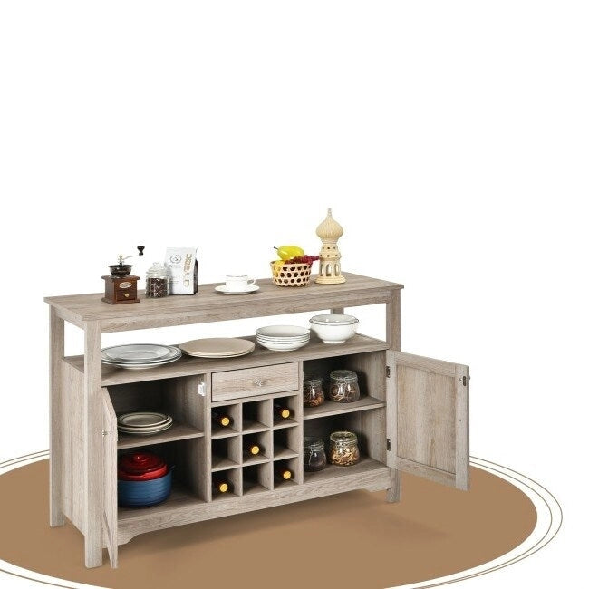 Gray Oak Buffet Server 9 Bottle Wine Cabinet Console - 45.5 inches L x 16 inches W x 31.5 inches H