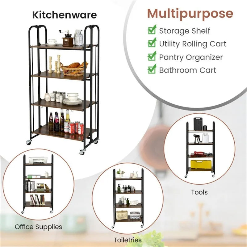Foldable Rolling Cart with Storage Shelves for Kitchen