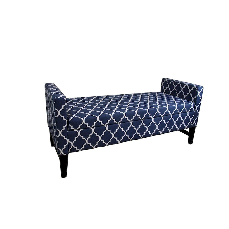 Blue and White Quatrefoil Dark Wood Storage Bench