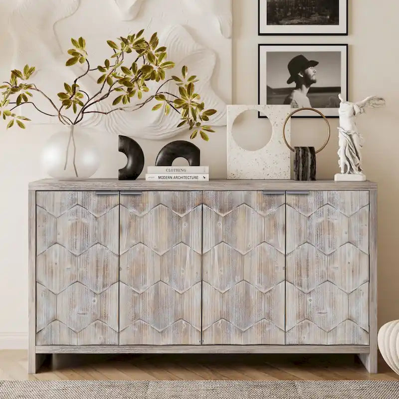 Accent Cabinet Farmhouse Style 4 Door Wooden Cabinet Sideboard Buffet Server Cabinet Storage Cabinet