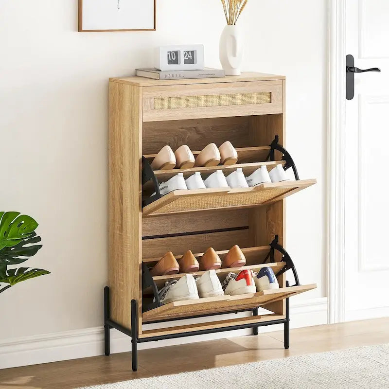 Natural Rattan 2 Flip Door with 1 Drawer Shoe Rack Storage Cabinet