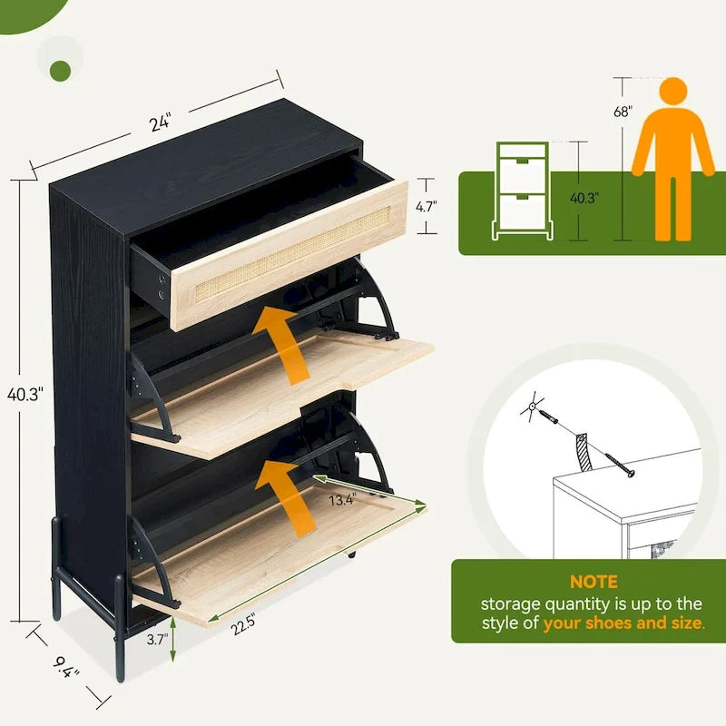 Natural Rattan 2 Flip Door with 1 Drawer Shoe Rack Storage Cabinet
