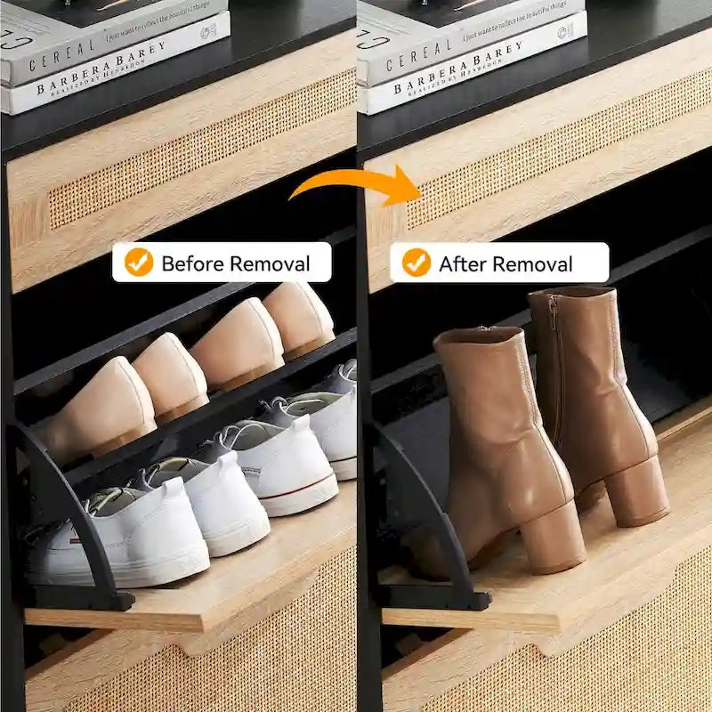 Natural Rattan 2 Flip Door with 1 Drawer Shoe Rack Storage Cabinet