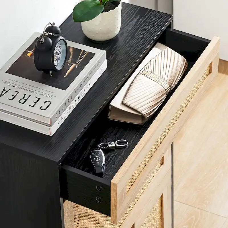 Natural Rattan 2 Flip Door with 1 Drawer Shoe Rack Storage Cabinet