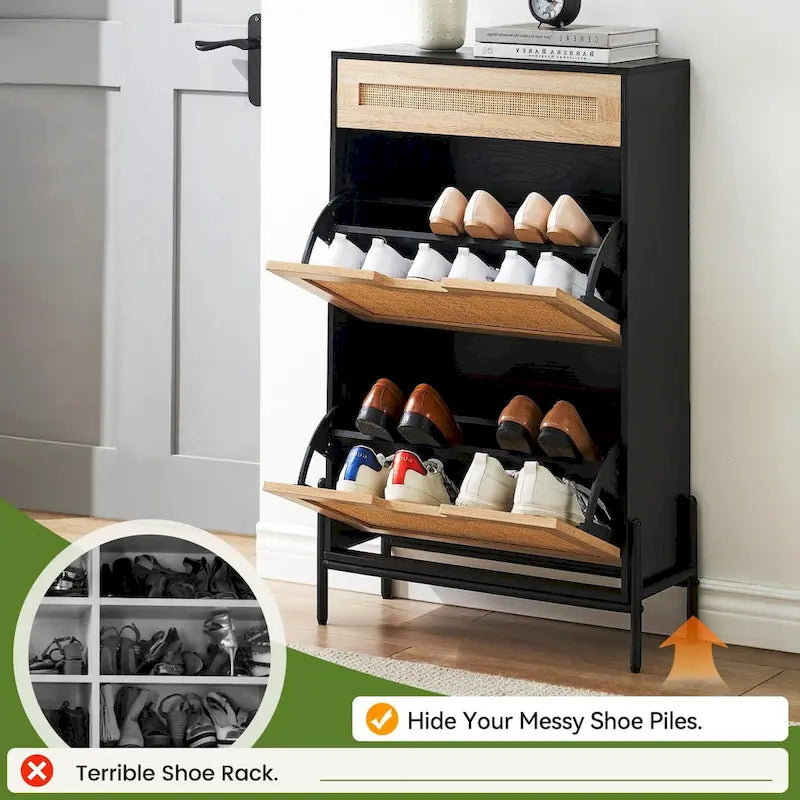 Natural Rattan 2 Flip Door with 1 Drawer Shoe Rack Storage Cabinet
