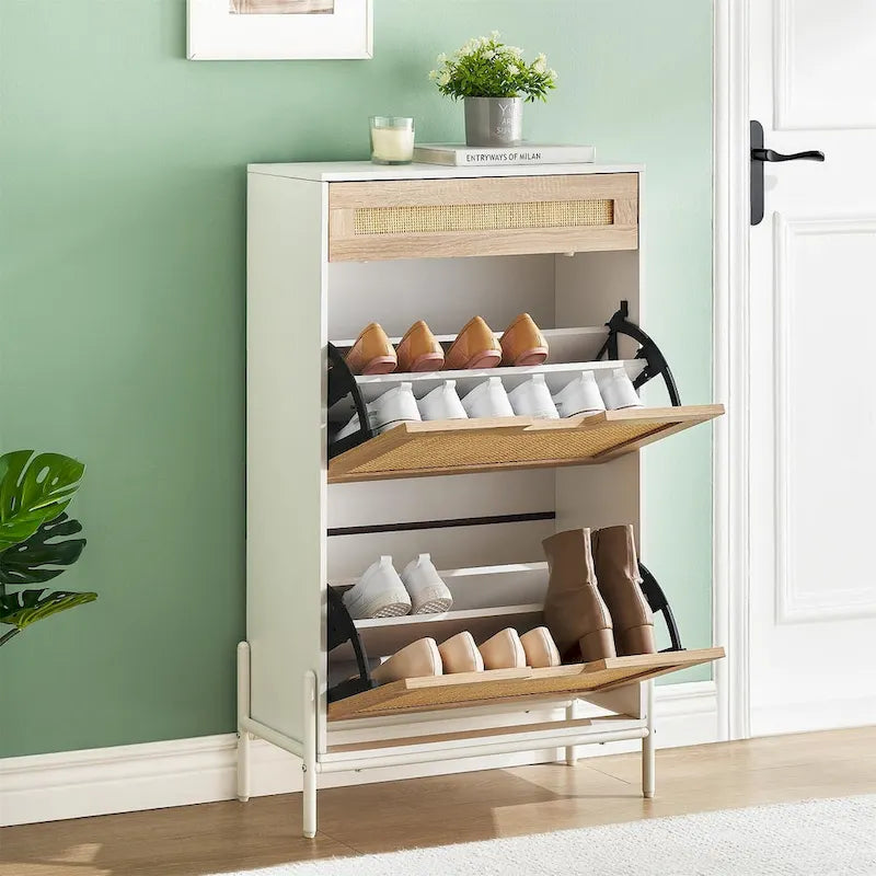 Natural Rattan 2 Flip Door with 1 Drawer Shoe Rack Storage Cabinet
