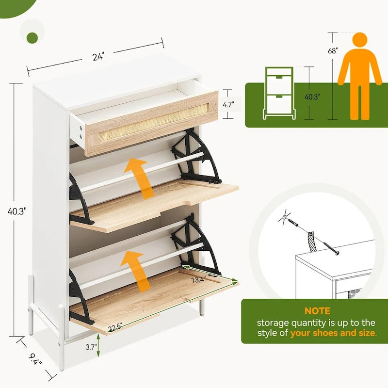 Natural Rattan 2 Flip Door with 1 Drawer Shoe Rack Storage Cabinet