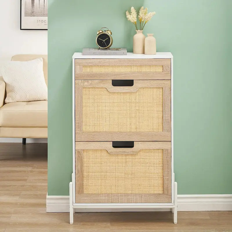 Natural Rattan 2 Flip Door with 1 Drawer Shoe Rack Storage Cabinet