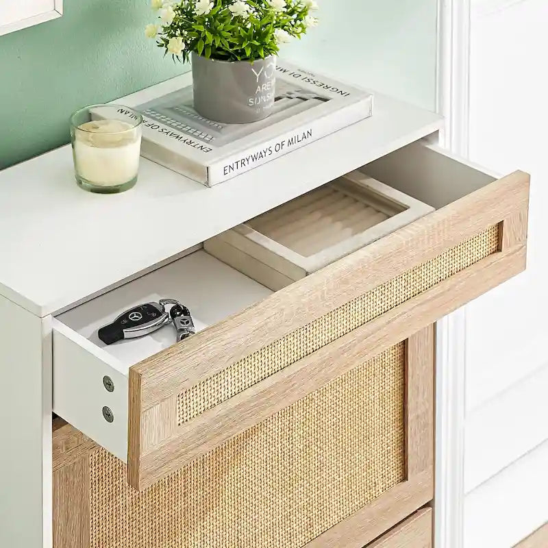 Natural Rattan 2 Flip Door with 1 Drawer Shoe Rack Storage Cabinet