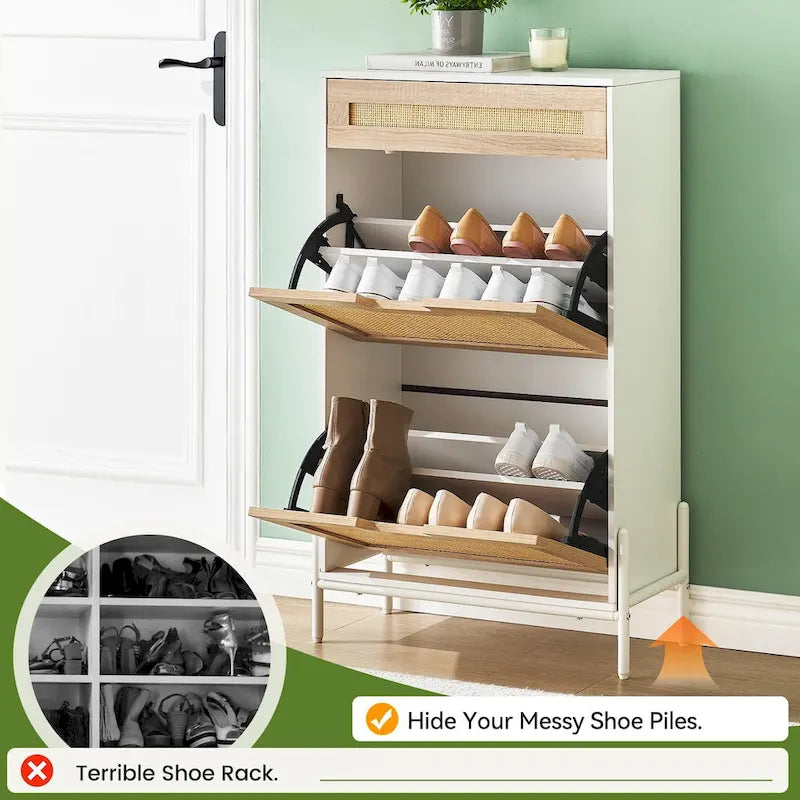 Natural Rattan 2 Flip Door with 1 Drawer Shoe Rack Storage Cabinet