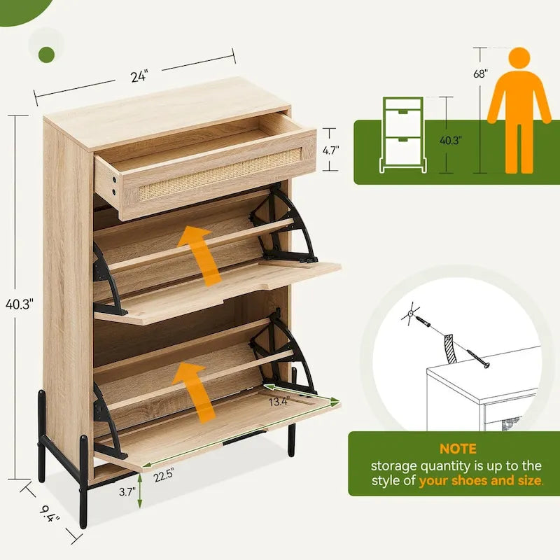 Natural Rattan 2 Flip Door with 1 Drawer Shoe Rack Storage Cabinet