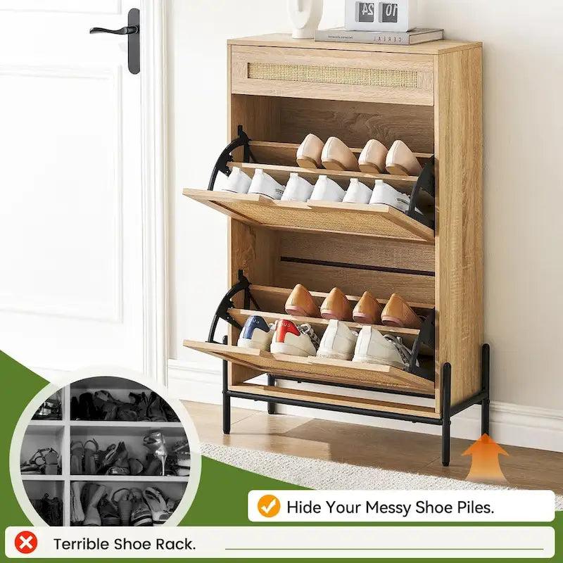 Natural Rattan 2 Flip Door with 1 Drawer Shoe Rack Storage Cabinet