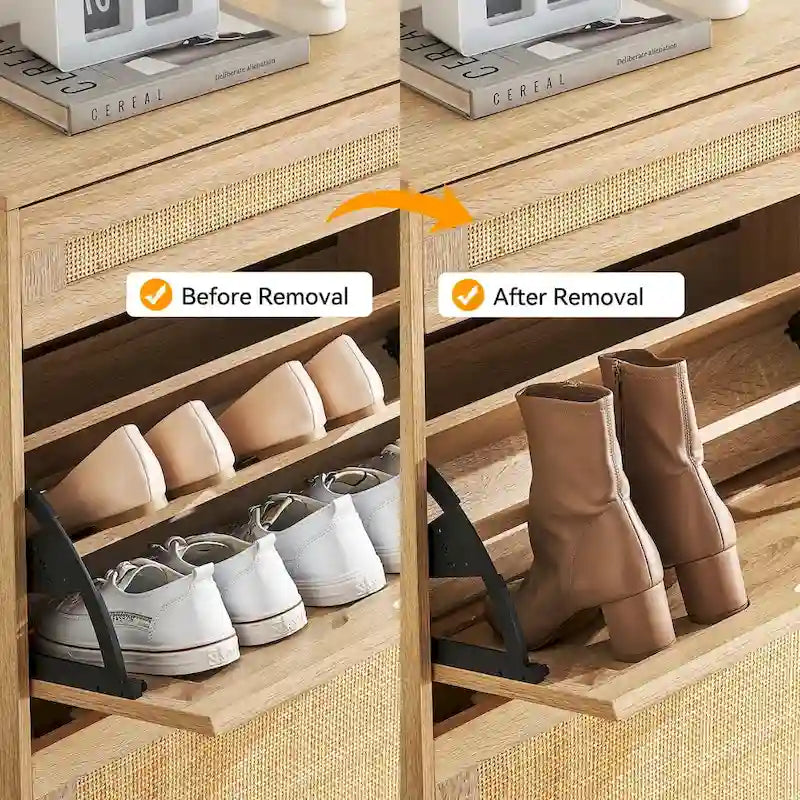 Natural Rattan 2 Flip Door with 1 Drawer Shoe Rack Storage Cabinet