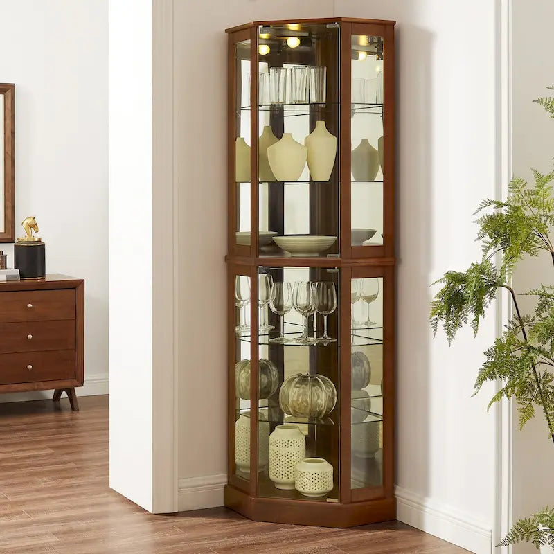 6 Shelf Corner Curio Display Cabinet with Lights, Mirrors and Adjustable Shelves, Walnut