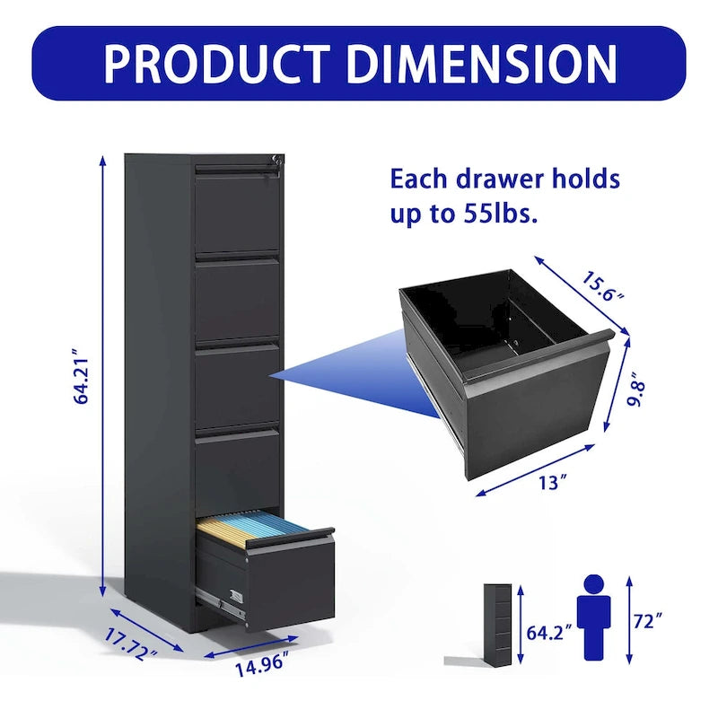 5-Drawers 14.96 W Metal Vertical File Cabinet with Lock Office Home Vertical File Cabinet for A4 Legal/Letter Size
