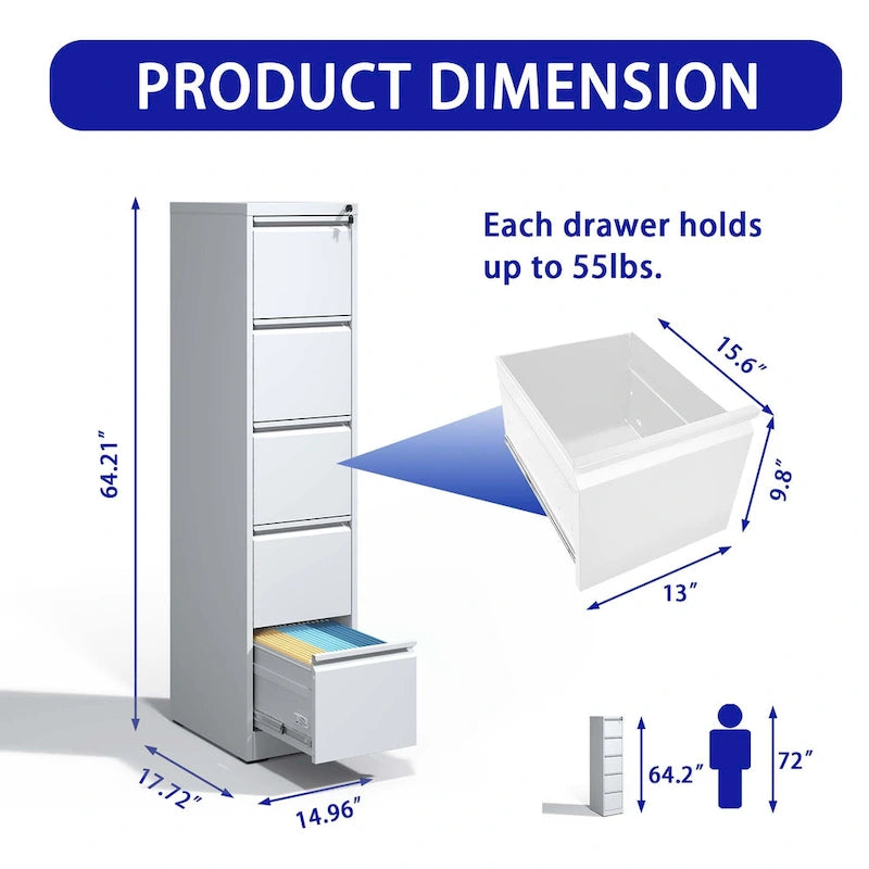 5-Drawers 14.96 W Metal Vertical File Cabinet with Lock Office Home Vertical File Cabinet for A4 Legal/Letter Size