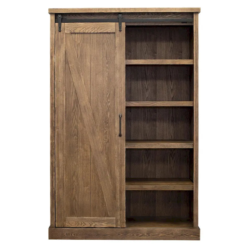 Rustic Barn Door Bookcase, Wood Shelving, Office Bookcase, Brown - 48 W x 72 H x16 D