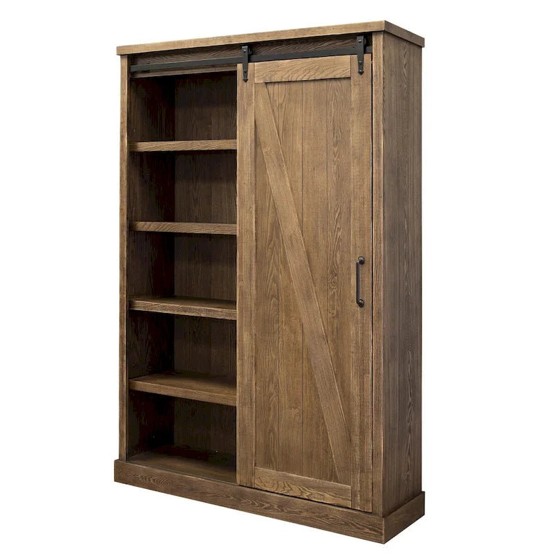 Rustic Barn Door Bookcase, Wood Shelving, Office Bookcase, Brown - 48 W x 72 H x16 D