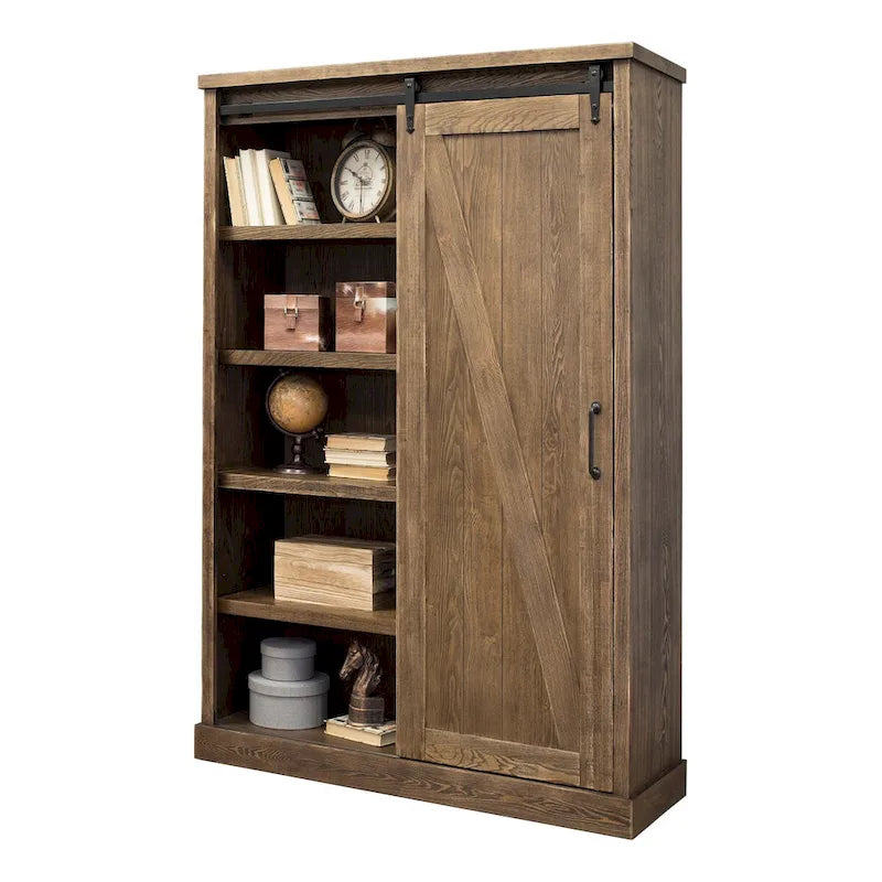 Rustic Barn Door Bookcase, Wood Shelving, Office Bookcase, Brown - 48 W x 72 H x16 D