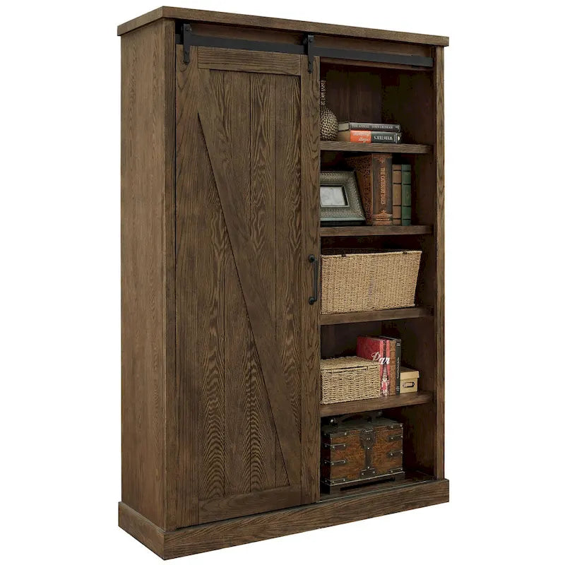 Rustic Barn Door Bookcase, Wood Shelving, Office Bookcase, Brown - 48 W x 72 H x16 D