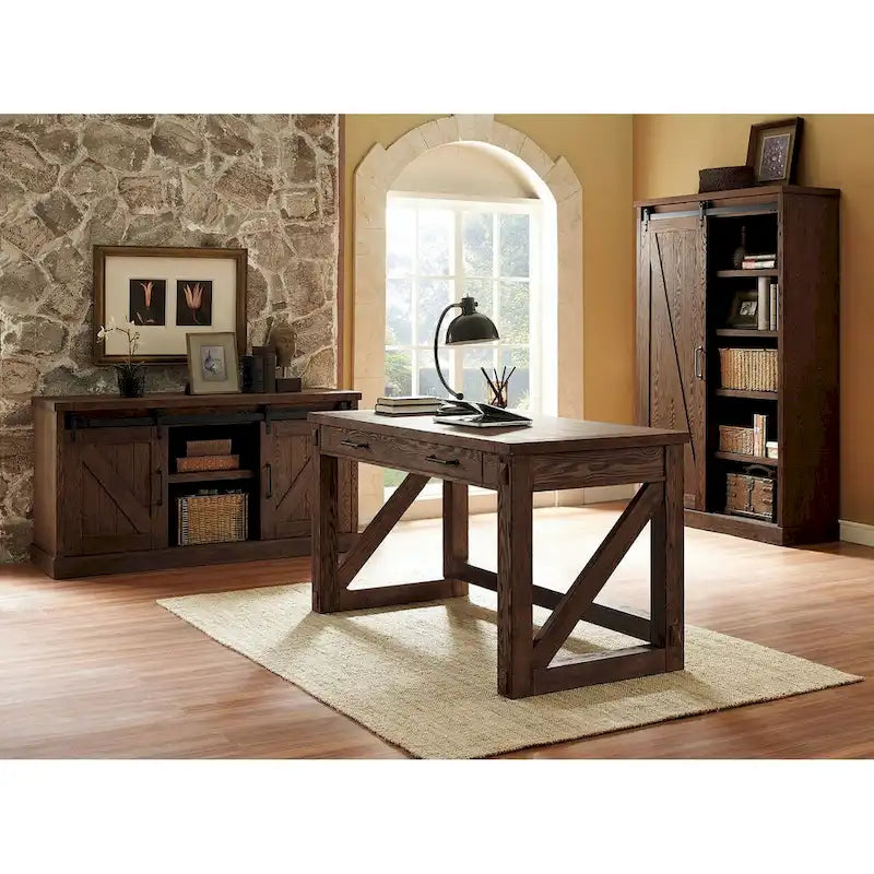 Rustic Barn Door Bookcase, Wood Shelving, Office Bookcase, Brown - 48 W x 72 H x16 D