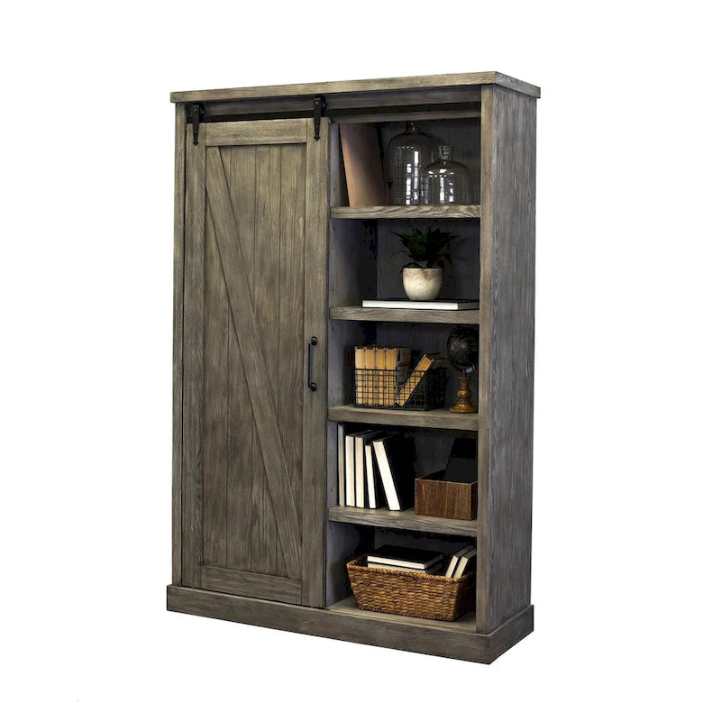 Rustic Barn Door Bookcase, Wood Shelving, Office Bookcase, Brown - 48 W x 72 H x16 D