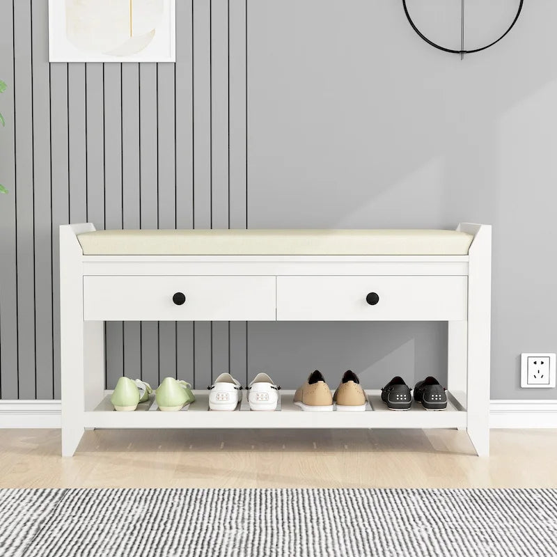 Entryway Storage Shoe Rack Bench with Cushioned Seat and Drawers