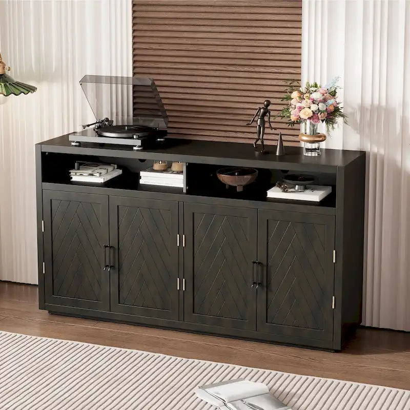 Modern 4-door Classic Sideboard with Open Storage and Adjustable Shelves