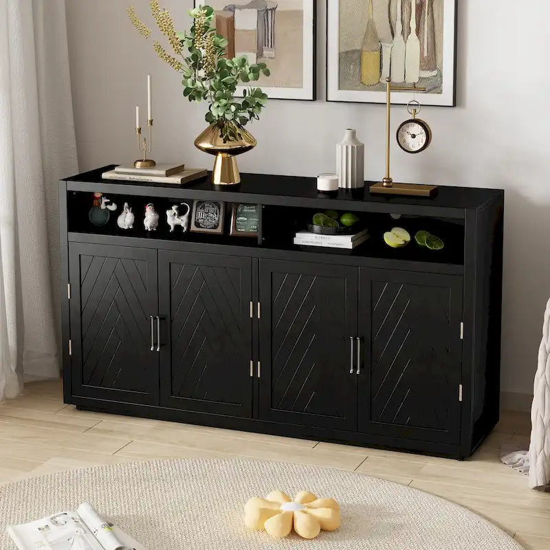 Modern 4-door Classic Sideboard with Open Storage and Adjustable Shelves
