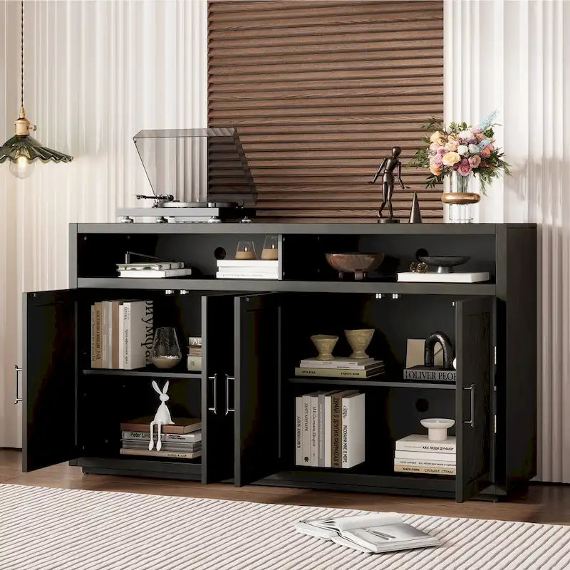 Modern 4-door Classic Sideboard with Open Storage and Adjustable Shelves