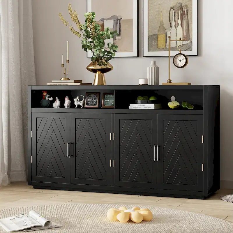 Modern 4-door Classic Sideboard with Open Storage and Adjustable Shelves