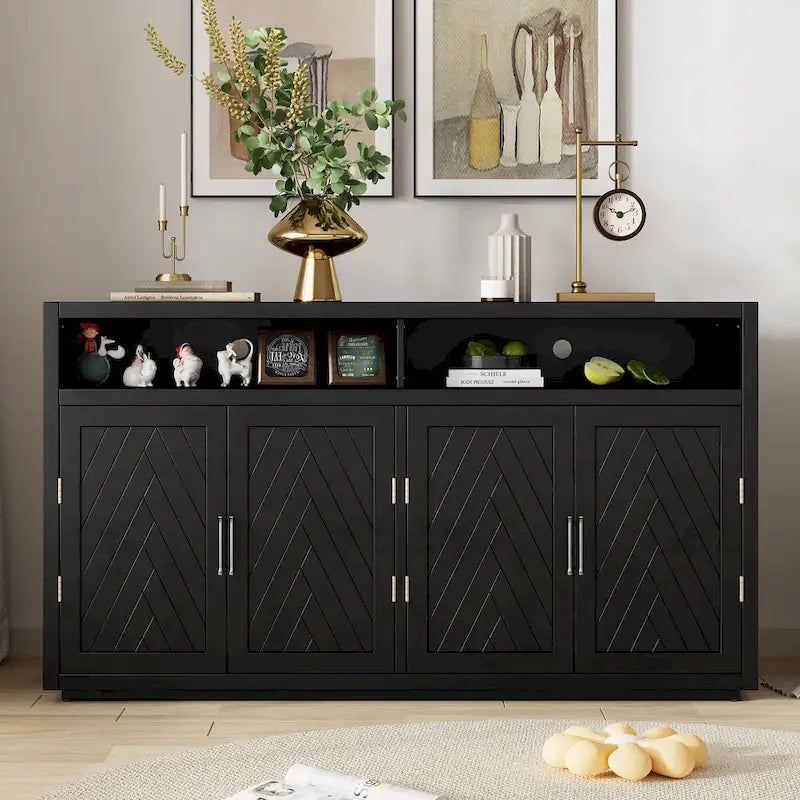 Modern 4-door Classic Sideboard with Open Storage and Adjustable Shelves