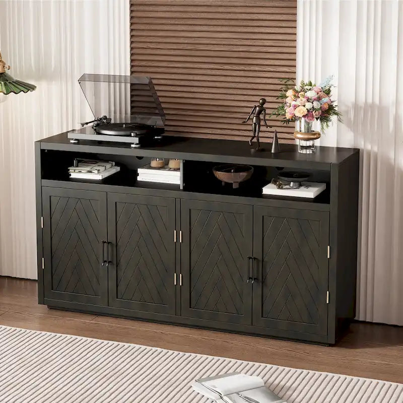Modern 4-door Classic Sideboard with Open Storage and Adjustable Shelves