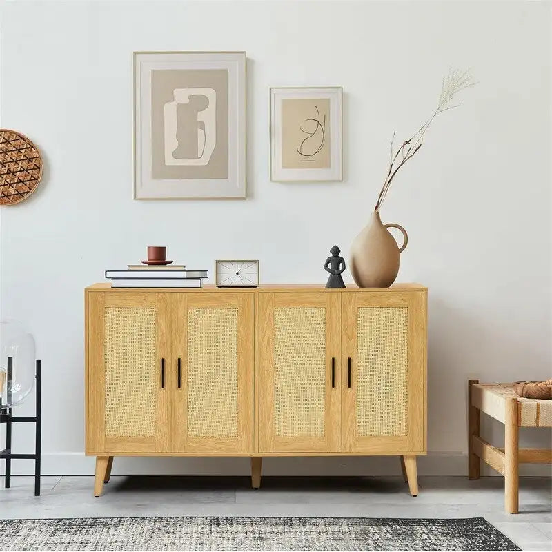 Rattan Sideboard Buffet Cabinet with 4 Doors and Adjustable Shelves - 11.8D x 47.2W x 29.5H