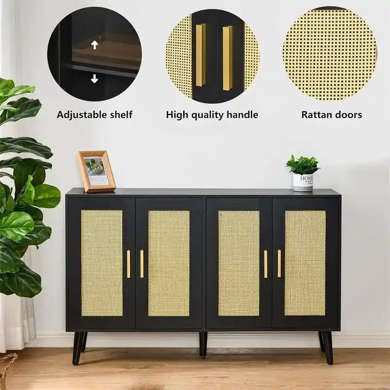 Rattan Sideboard Buffet Cabinet with 4 Doors and Adjustable Shelves - 11.8D x 47.2W x 29.5H