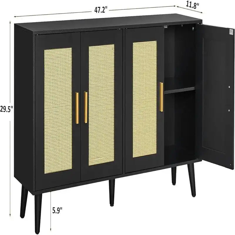 Rattan Sideboard Buffet Cabinet with 4 Doors and Adjustable Shelves - 11.8D x 47.2W x 29.5H