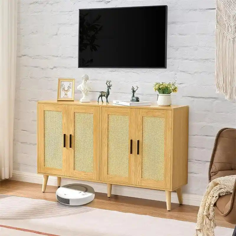 Rattan Sideboard Buffet Cabinet with 4 Doors and Adjustable Shelves - 11.8D x 47.2W x 29.5H