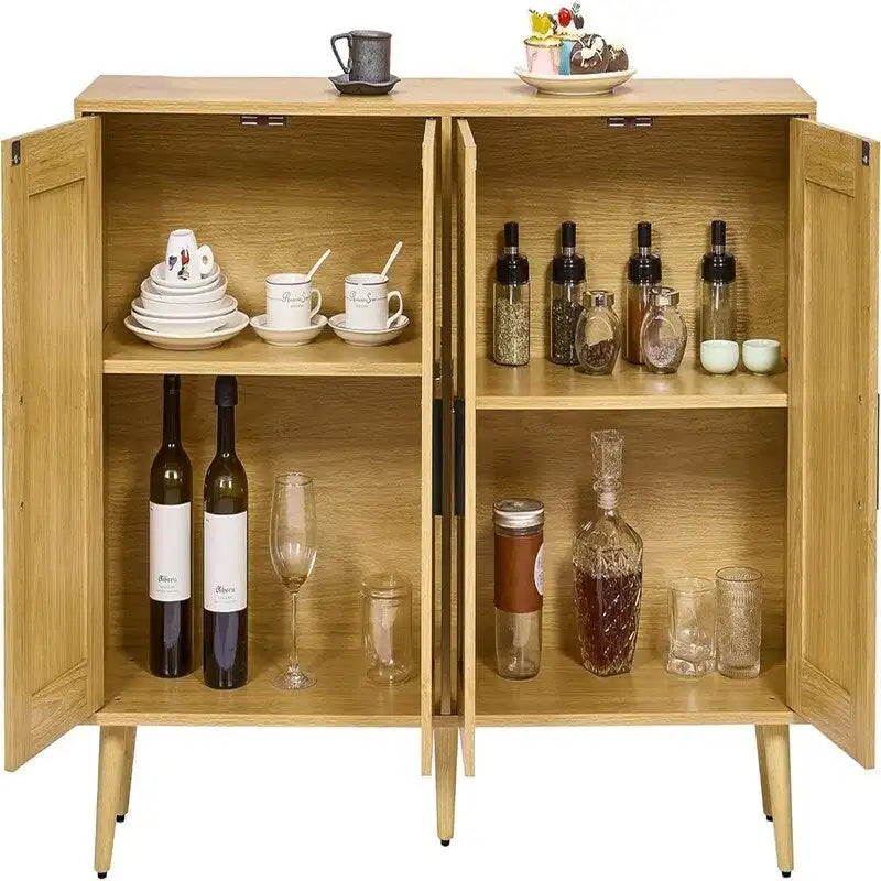 Rattan Sideboard Buffet Cabinet with 4 Doors and Adjustable Shelves - 11.8D x 47.2W x 29.5H
