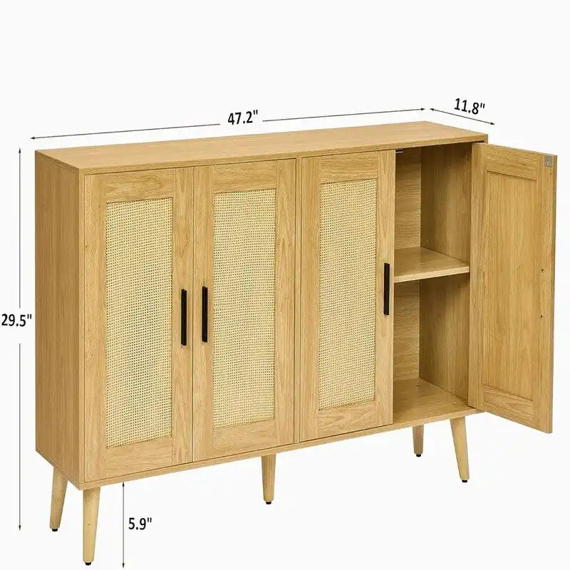 Rattan Sideboard Buffet Cabinet with 4 Doors and Adjustable Shelves - 11.8D x 47.2W x 29.5H