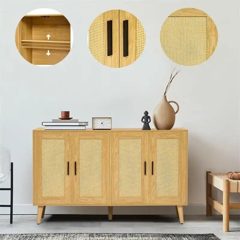 Rattan Sideboard Buffet Cabinet with 4 Doors and Adjustable Shelves - 11.8D x 47.2W x 29.5H