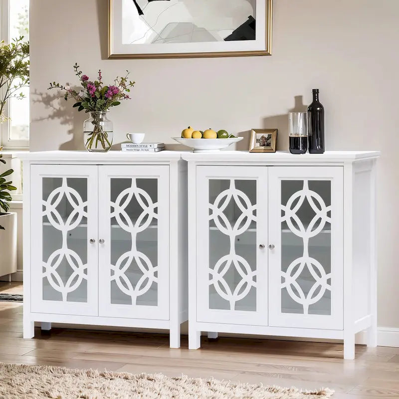 White Pine Wood 35.8 Wide Sideboard Cabinet with Glass Doors (Set of 2)