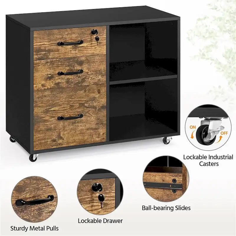 Rolling File Cabinet on with 3 Drawers and 2 Shelves