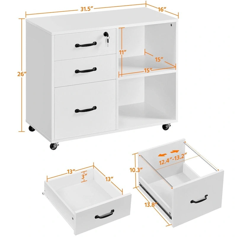 Rolling File Cabinet on with 3 Drawers and 2 Shelves