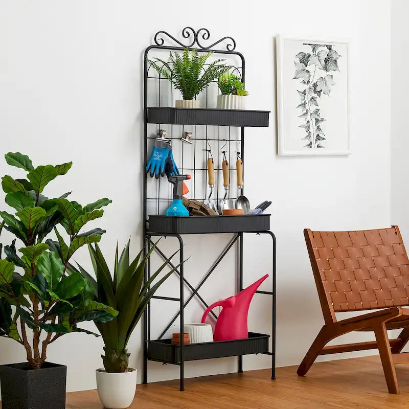 68H 3 Tier Shelving Black Metal Plant Stand Kitchen Shelf Multifunctional Storage Rack for Indoor Outdoor