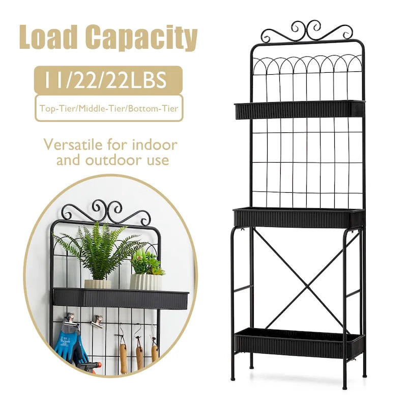 68H 3 Tier Shelving Black Metal Plant Stand Kitchen Shelf Multifunctional Storage Rack for Indoor Outdoor