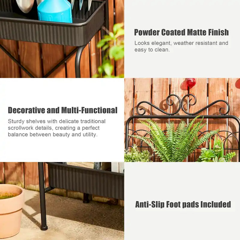 68H 3 Tier Shelving Black Metal Plant Stand Kitchen Shelf Multifunctional Storage Rack for Indoor Outdoor