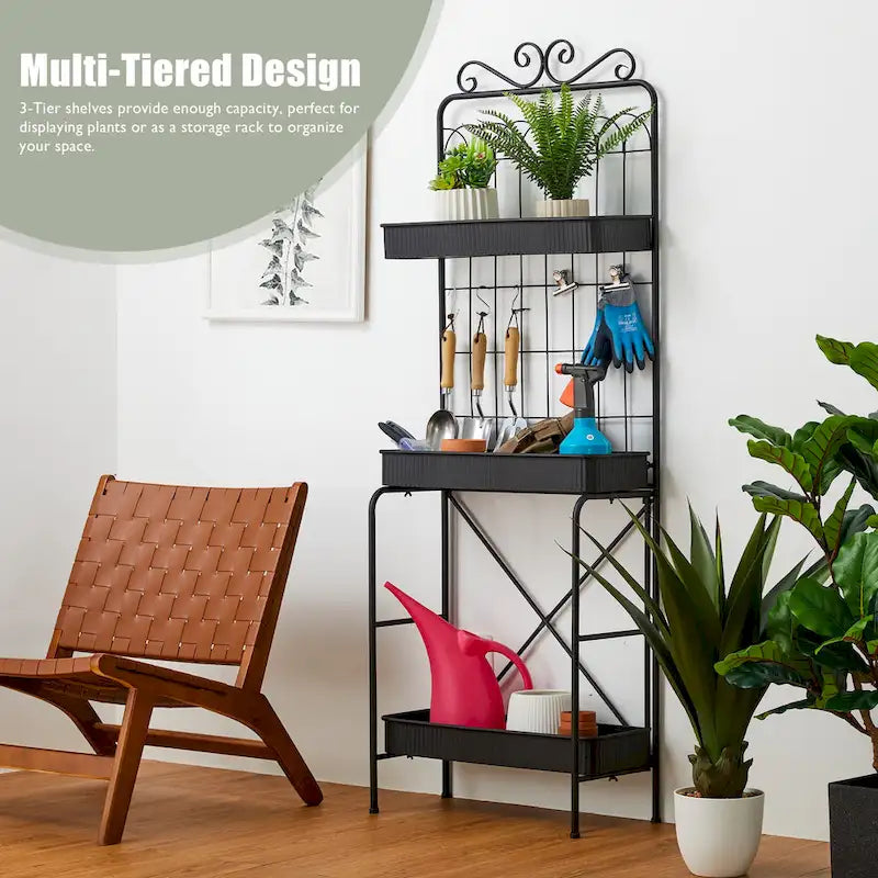 68H 3 Tier Shelving Black Metal Plant Stand Kitchen Shelf Multifunctional Storage Rack for Indoor Outdoor