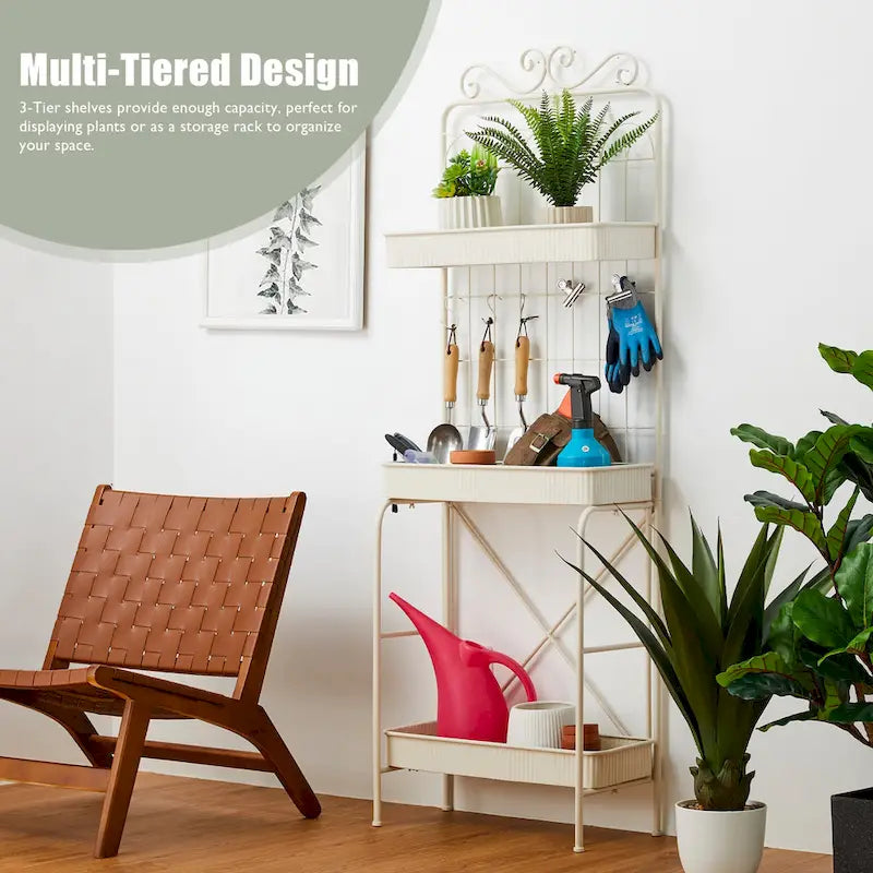 68H 3 Tier Shelving Black Metal Plant Stand Kitchen Shelf Multifunctional Storage Rack for Indoor Outdoor