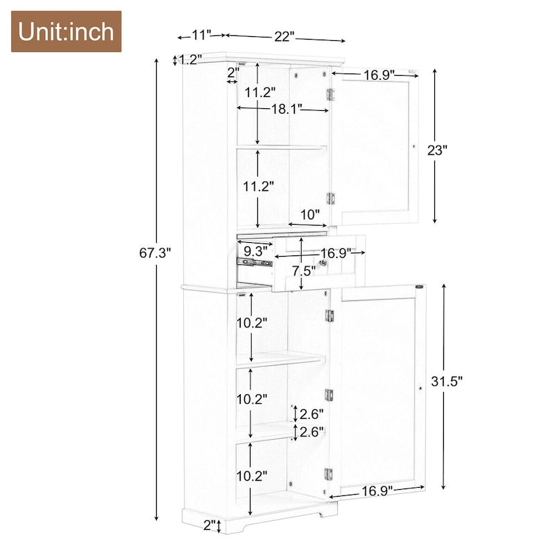 22 in. W x 11 in. D x 67.3 in. H Linen Cabinet with Drawer and Adjustable Shelf